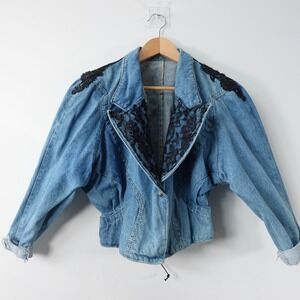 Vintage Edwardian Cropped Jacket Small Jean Denim Lace Victorian Whimsigoth 80s